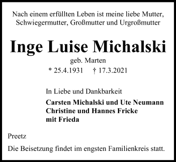 Traueranzeige von Inge Luise Michalski von Kieler Nachrichten