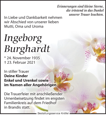 Traueranzeige von Ingeborg Burghardt von Leipziger Volkszeitung