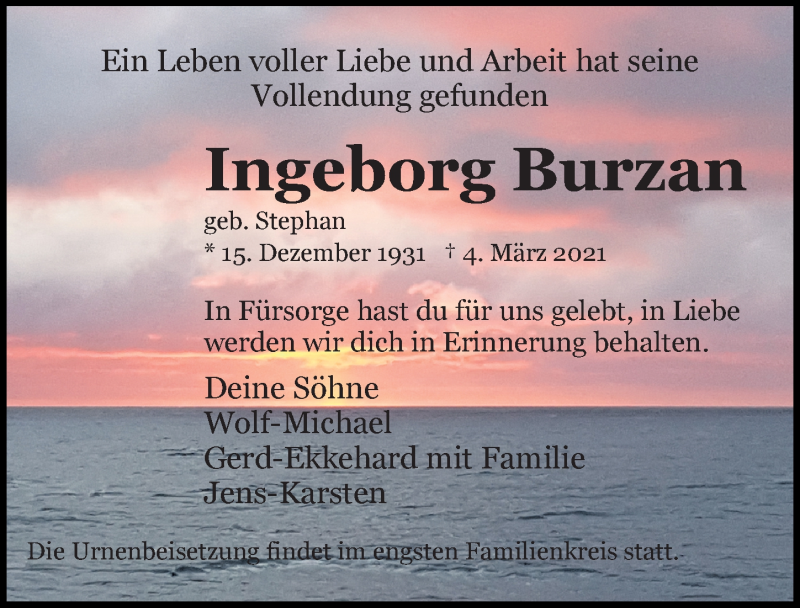  Traueranzeige für Ingeborg Burzan vom 13.03.2021 aus Ostsee-Zeitung GmbH