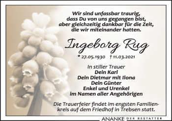 Traueranzeige von Ingeborg Rug von Leipziger Volkszeitung