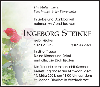Traueranzeige von Ingeborg Steinke von Märkischen Allgemeine Zeitung