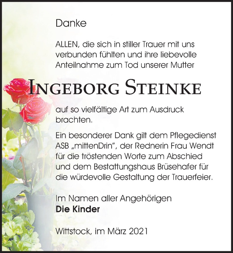  Traueranzeige für Ingeborg Steinke vom 27.03.2021 aus Märkischen Allgemeine Zeitung