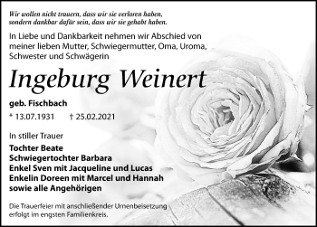 Traueranzeige von Ingeburg Weinert von Leipziger Volkszeitung