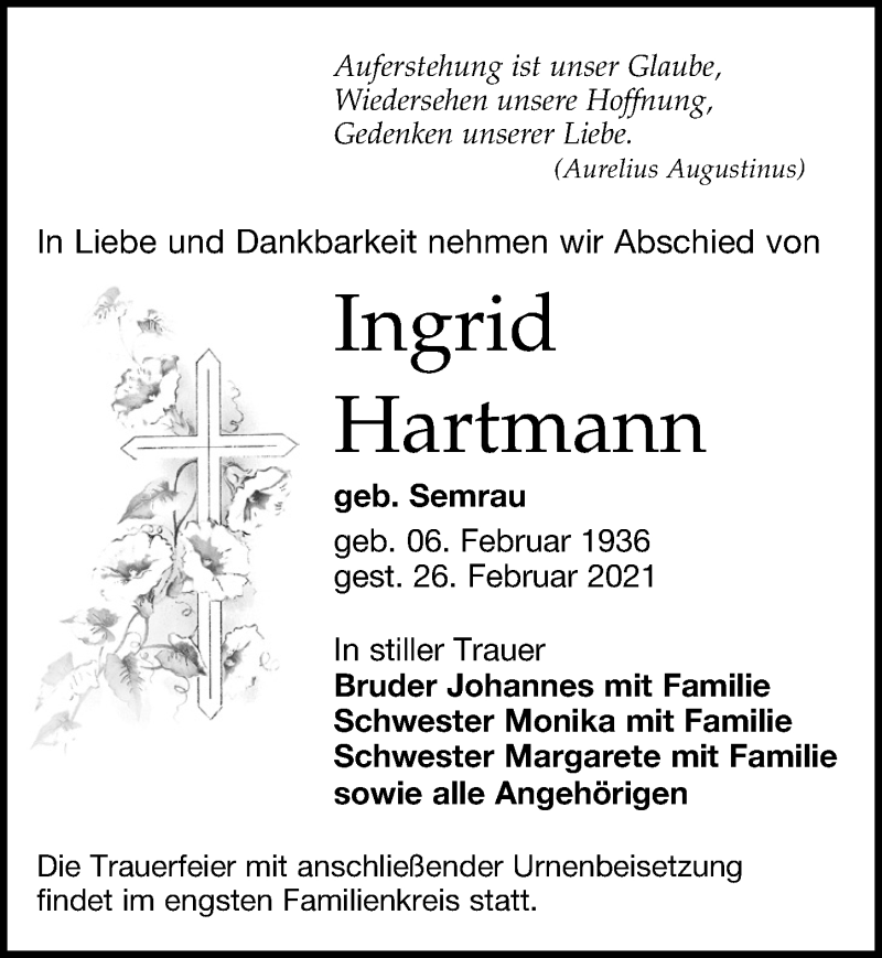  Traueranzeige für Ingrid Hartmann vom 13.03.2021 aus Leipziger Volkszeitung