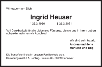 Traueranzeige von Ingrid Heuser von Hannoversche Allgemeine Zeitung/Neue Presse