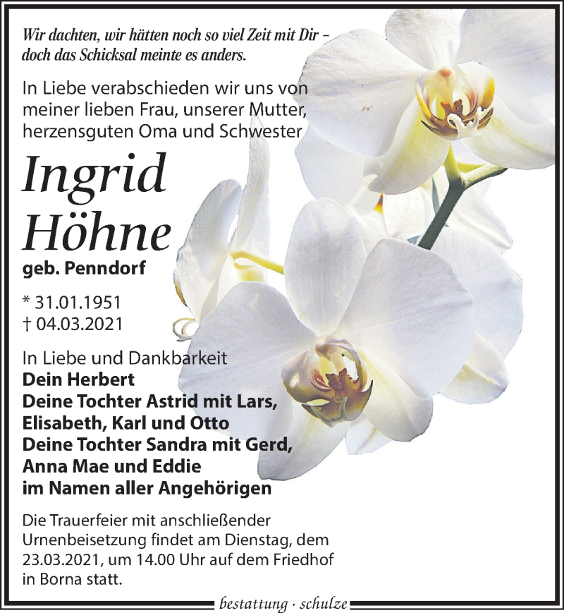  Traueranzeige für Ingrid Höhne vom 13.03.2021 aus Leipziger Volkszeitung