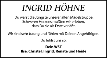 Traueranzeige von Ingrid Höhne von Leipziger Volkszeitung