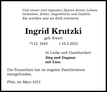 Traueranzeige von Ingrid Krutzki von Kieler Nachrichten