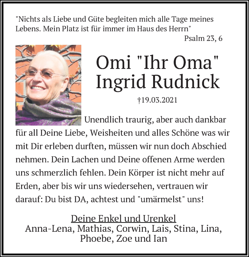  Traueranzeige für Ingrid Rudnick vom 28.03.2021 aus Lübecker Nachrichten