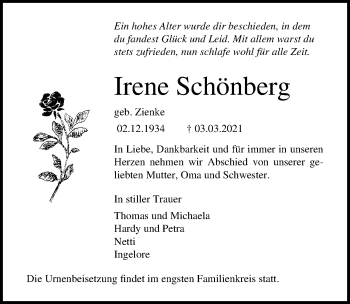 Traueranzeige von Irene Schönberg von Ostsee-Zeitung GmbH