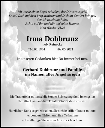 Traueranzeige von Irma Dobbrunz von Hannoversche Allgemeine Zeitung/Neue Presse