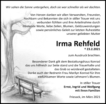 Traueranzeige von Irma Rehfeld von Märkischen Allgemeine Zeitung
