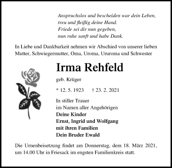 Traueranzeige von Irma Rehfeld von Märkischen Allgemeine Zeitung