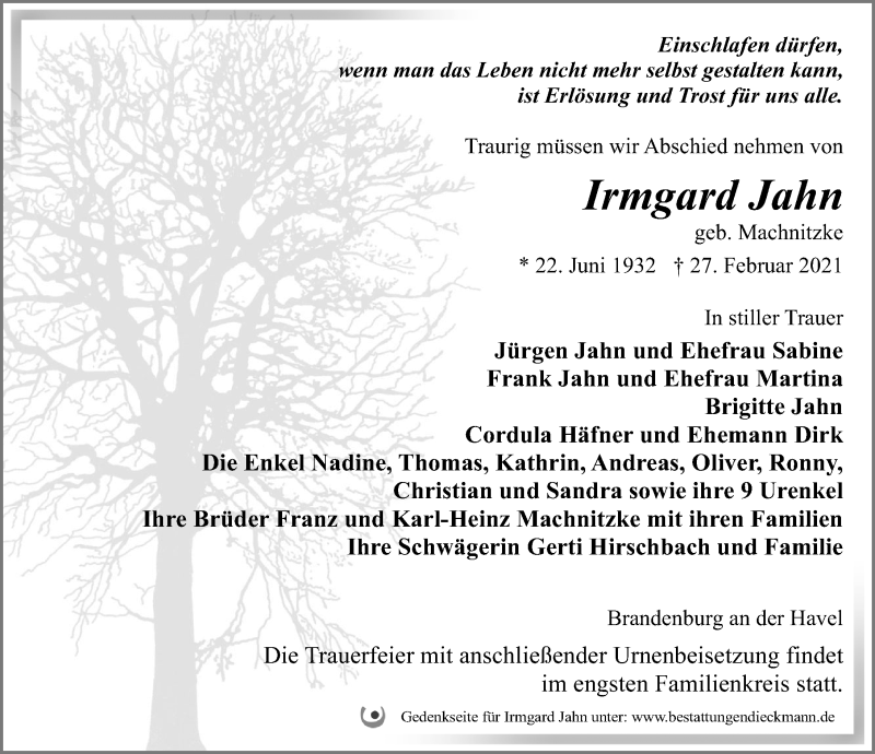  Traueranzeige für Irmgard Jahn vom 06.03.2021 aus Märkischen Allgemeine Zeitung
