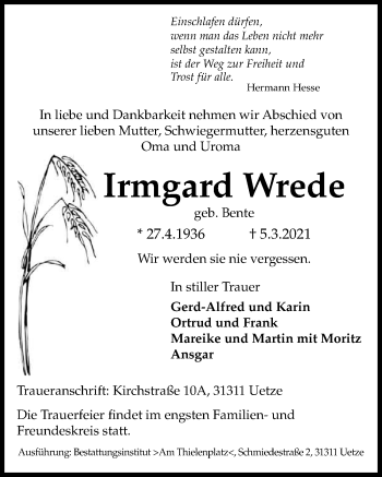 Traueranzeige von Irmgard Wrede von Hannoversche Allgemeine Zeitung/Neue Presse