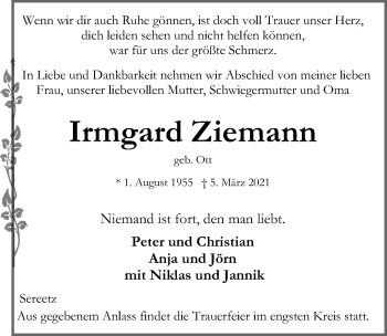 Traueranzeige von Irmgard Ziemann von Lübecker Nachrichten