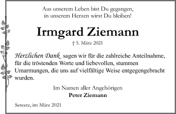 Traueranzeige von Irmgard Ziemann von Lübecker Nachrichten