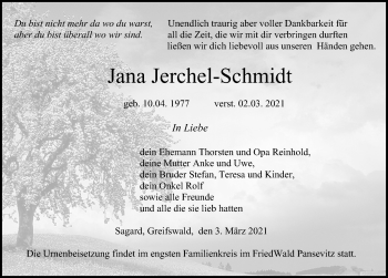 Traueranzeige von Jana Jerchel-Schmidt von Ostsee-Zeitung GmbH