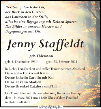 Traueranzeige von Jenny Staffeldt von Leipziger Volkszeitung