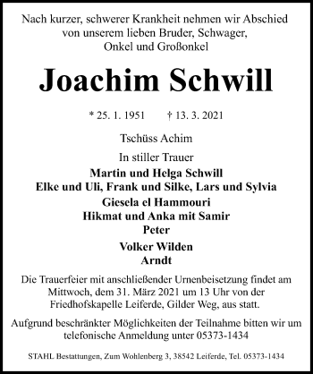 Traueranzeige von Joachim Schwill von Aller Zeitung