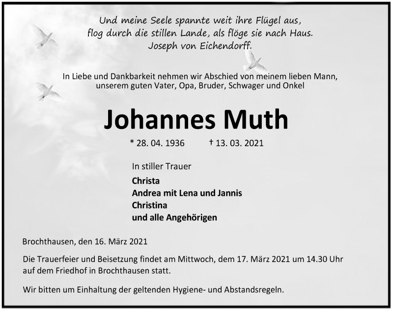  Traueranzeige für Johannes Muth vom 16.03.2021 aus Eichsfelder Tageblatt