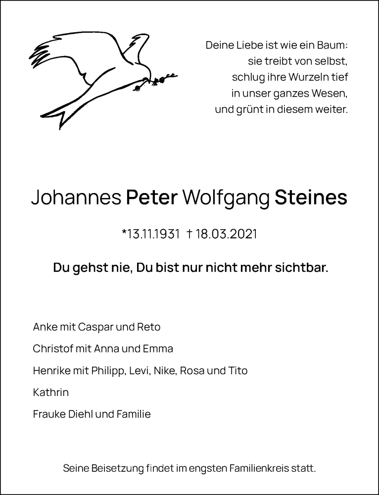  Traueranzeige für Johannes Peter Wolfgang Steines vom 20.03.2021 aus Göttinger Tageblatt