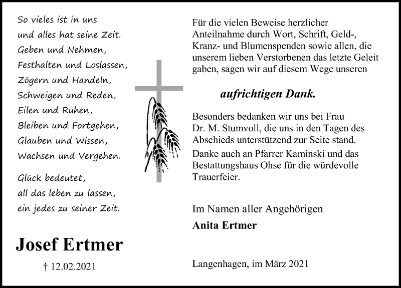  Traueranzeige für Josef Ertmer vom 13.03.2021 aus Eichsfelder Tageblatt