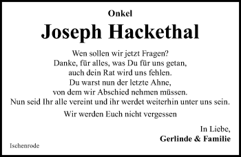 Traueranzeige von Joseph Hackethal von Göttinger Tageblatt