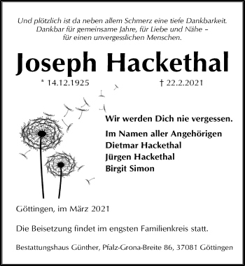 Traueranzeige von Joseph Hackethal von Göttinger Tageblatt