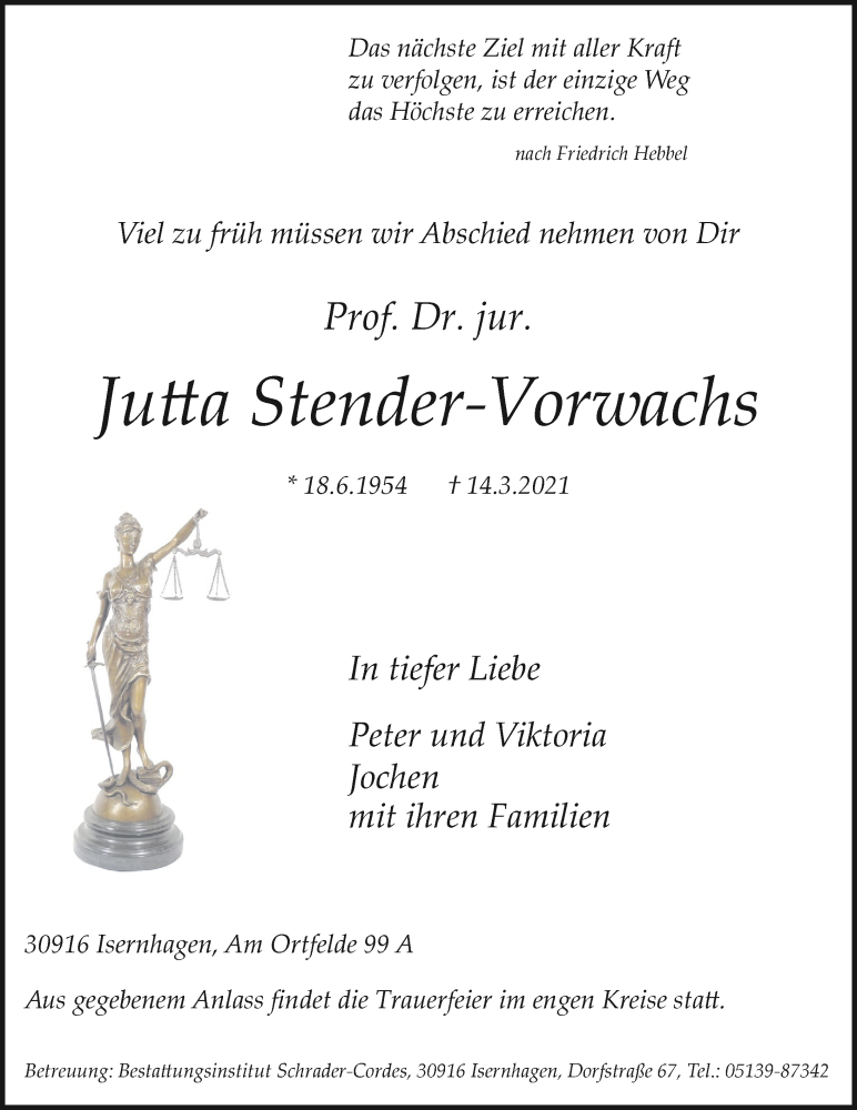  Traueranzeige für Jutta Stender-Vorwachs vom 20.03.2021 aus Hannoversche Allgemeine Zeitung/Neue Presse