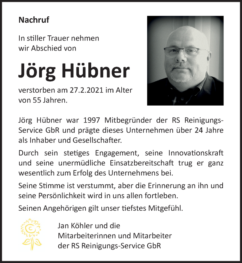  Traueranzeige für Jörg Hübner vom 13.03.2021 aus Ostsee-Zeitung GmbH