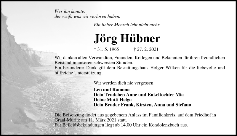  Traueranzeige für Jörg Hübner vom 06.03.2021 aus Ostsee-Zeitung GmbH