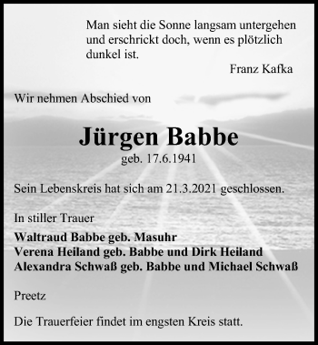 Traueranzeige von Jürgen Babbe von Kieler Nachrichten