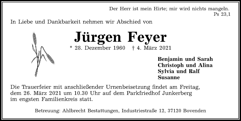  Traueranzeige für Jürgen Feyer vom 20.03.2021 aus Göttinger Tageblatt