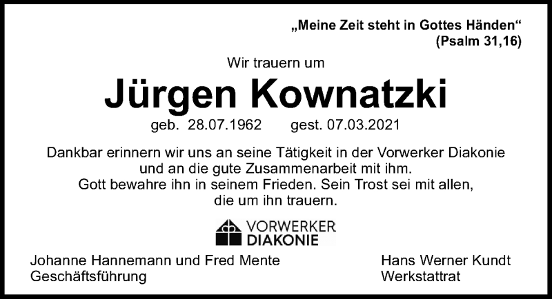  Traueranzeige für Jürgen Kownatzki vom 21.03.2021 aus Lübecker Nachrichten