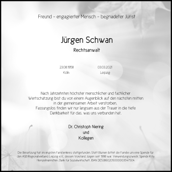 Traueranzeige von Jürgen Schwan von Leipziger Volkszeitung