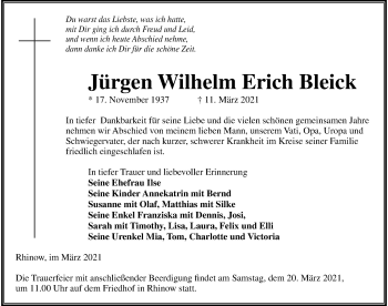 Traueranzeige von Jürgen Wilhelm Erich Bleick von Märkischen Allgemeine Zeitung
