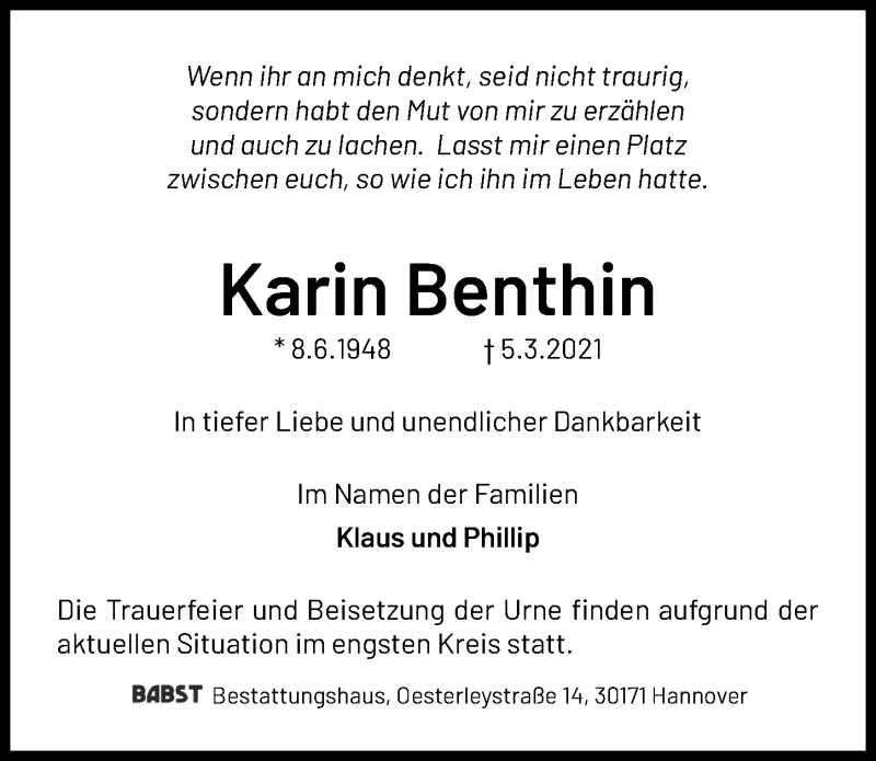  Traueranzeige für Karin Benthin vom 13.03.2021 aus Hannoversche Allgemeine Zeitung/Neue Presse