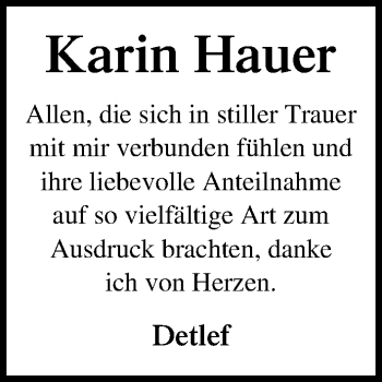 Traueranzeige von Karin Hauer von Ostsee-Zeitung GmbH