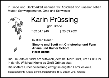 Traueranzeige von Karin Prüssing von Lübecker Nachrichten