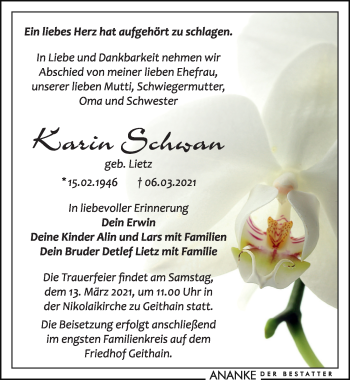Traueranzeige von Karin Schwan von Leipziger Volkszeitung