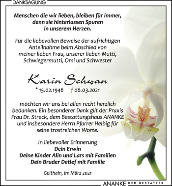 Traueranzeige von Karin Schwan von Leipziger Volkszeitung