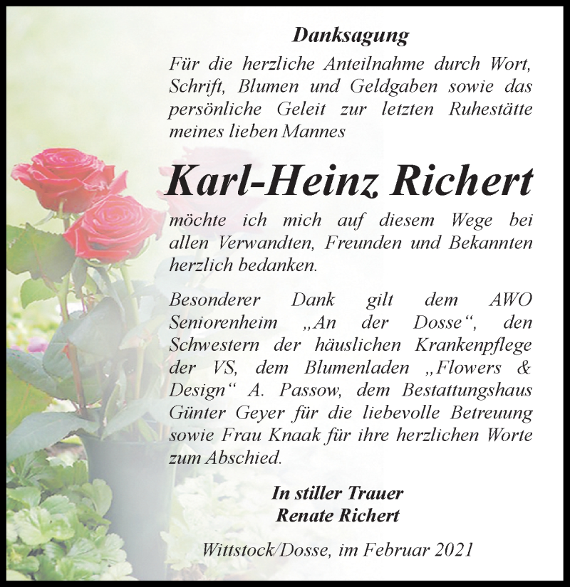  Traueranzeige für Karl-Hanz Richert vom 06.03.2021 aus Märkischen Allgemeine Zeitung