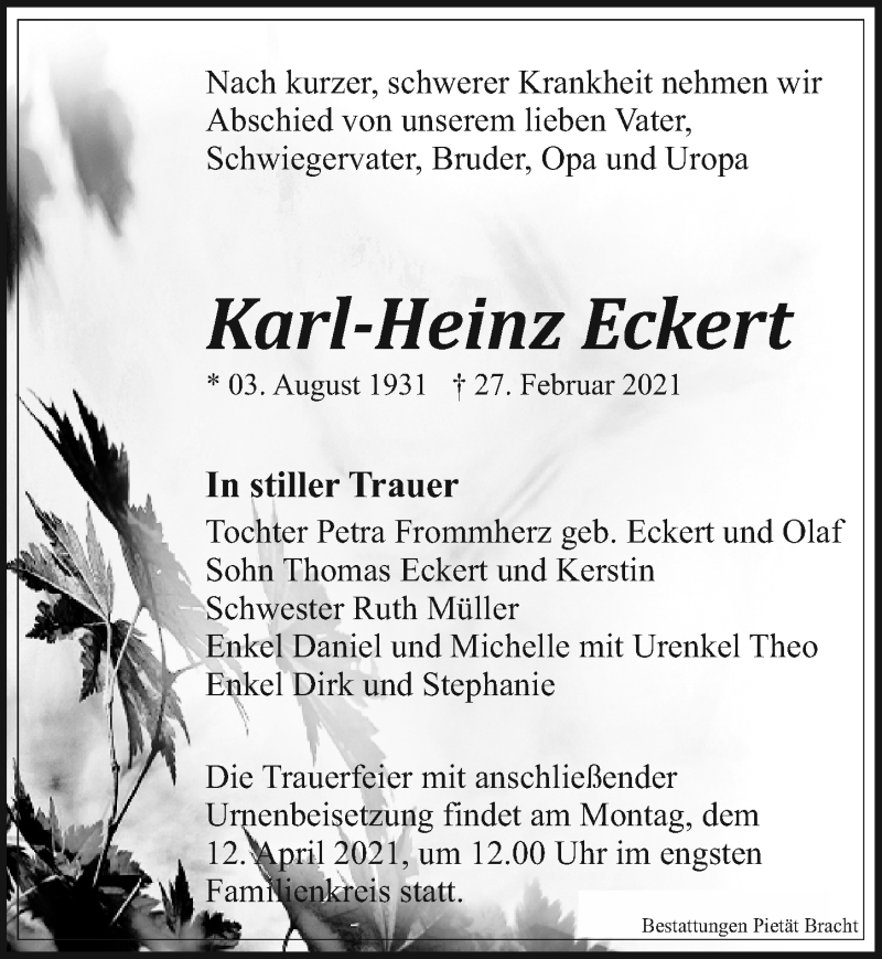  Traueranzeige für Karl-Heinz Eckert vom 20.03.2021 aus Leipziger Volkszeitung