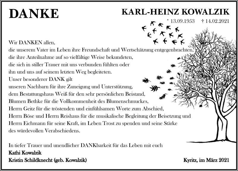  Traueranzeige für Karl-Heinz Kowalzik vom 06.03.2021 aus Märkischen Allgemeine Zeitung