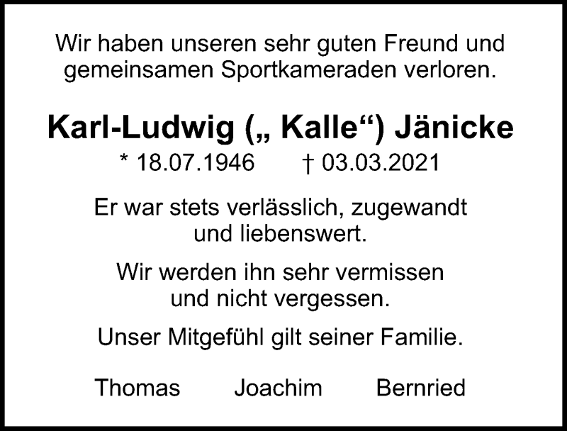  Traueranzeige für Karl-Ludwig Jänicke vom 13.03.2021 aus Lübecker Nachrichten