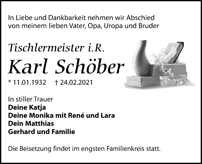 Traueranzeige für Karl Schöber vom 13.03.2021 aus Leipziger Volkszeitung