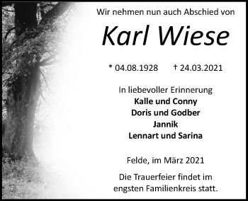 Traueranzeige von Karl Wiese von Kieler Nachrichten