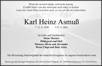 Traueranzeige von Karl Heinz Asmuß von Hannoversche Allgemeine Zeitung/Neue Presse