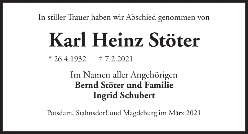  Traueranzeige für Karl Heinz Stöter vom 20.03.2021 aus Märkischen Allgemeine Zeitung